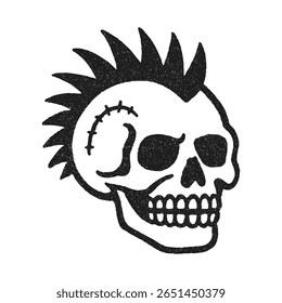 Punk caveira com mohawk, vintage ilustração preto e branco com estilo texturizado.
