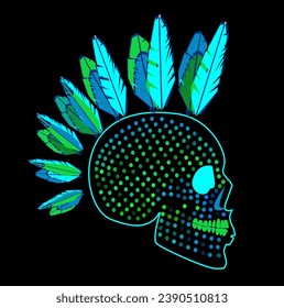 Punk skull neon green color side view with dots, vector illustration