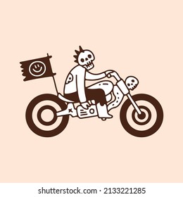 Punk skull riding motorbike with smile face flag, illustration for t-shirt, street wear, sticker, or apparel merchandise. With doodle, retro, and cartoon style.