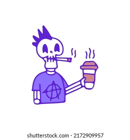 Punk skull smoke weed and drink a cup of coffee, illustration for t-shirt, sticker, or apparel merchandise. With doodle, retro, and cartoon style.