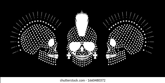 Punk skulls with Mohawk and sunglasses white dots background