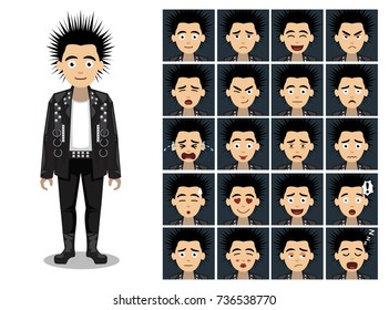 Punk Spike Head Man Cartoon Emotion Faces Vector Illustration