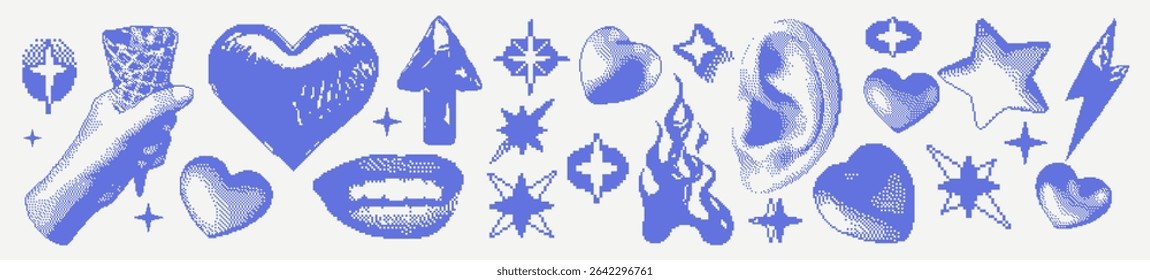 Punk sticker set with pixelated texture. Heart, Stars, Fire, Lightning, Mouth, Arrow. Abstract grunge graphic in retro 8-bit style. Vector isolated illustration for t-shirt print, music poster.
