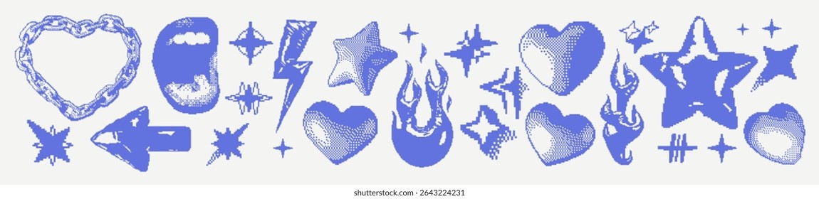 Punk sticker set with pixelated texture. Heart, Stars, Scream, Fire, Arrow. Abstract grunge graphic in retro 8-bit style. Collage element for t-shirt print, music poster, scrapbook.	