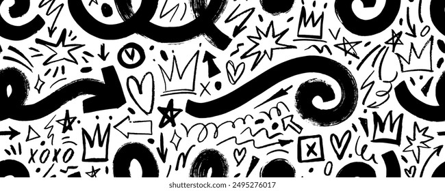 Punk style doodle seamless pattern with spirals, crowns and arrows. Brush and crayon doodle shapes. Grunge punk background. Marker scribbles, brush drawn squiggles. Girly seamless pattern.