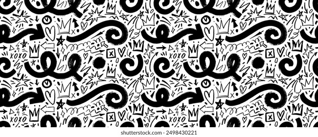 Punk style doodle seamless pattern with spirals, crowns and arrows. Brush and crayon doodle shapes. Grunge punk background. Marker scribbles, brush drawn squiggles. Girly seamless pattern.