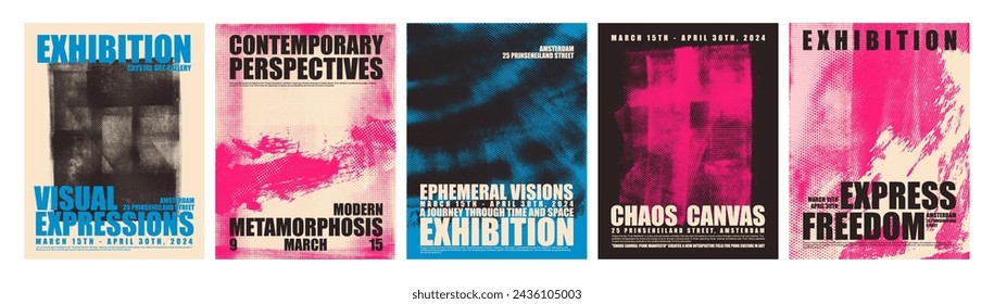 Punk style set of posters with halftone texture and typography. Distorted grunge layers. Design for brochure, social media, posters, template. Old overlay texture set with effect damaged, dry brush.