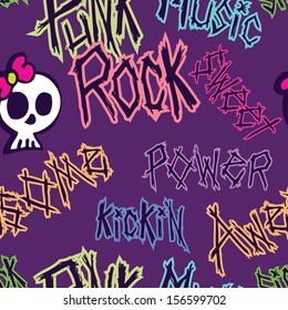 A punk styled seamless pattern with descriptive words and a skull with a bow on a purple background.