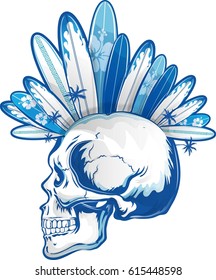 punk surfer skull with surfboard