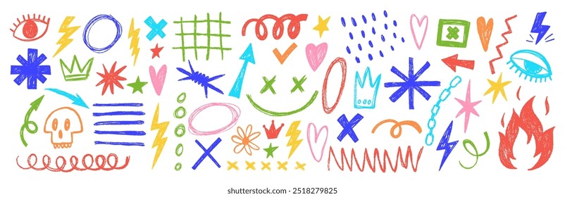 Punk tattoo elements with chalk or crayon texture. Hand drawn graffiti shapes. Doodle vector illustration.