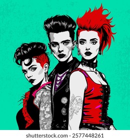 Punk teenagers. Vector poster in pop art style. Bright glamour young people in punk outfit. Rococo inspired.