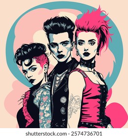 Punk teens. Vector poster in pop art style. Bright glamour young people in punk outfit. Black, pink and blue color palette. 