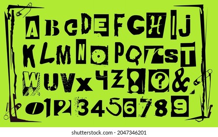 Punk typography vector alphabet and numbers. Type specimen set for grunge font flyers and posters or ransom note style designs.