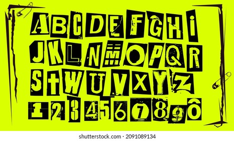 Alfabeto vectorial de tipografía punk y números. Tipo de ejemplar establecido para los volantes y afiches de tipos de letra gruesos o diseños de estilo de nota de rescate.