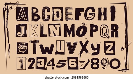 Alfabeto vectorial de tipografía punk y números. Tipo de ejemplar establecido para los volantes y afiches de tipos de letra gruesos o diseños de estilo de nota de rescate.