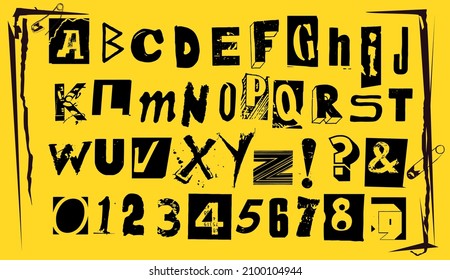 Punk typography vector alphabet and numbers. Type specimen set for grunge font flyers and posters or ransom note style designs.