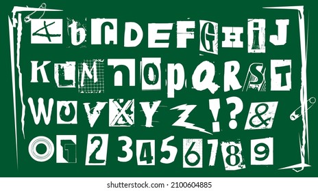 Punk typography vector alphabet and numbers. Type specimen set for grunge font flyers and posters or ransom note style designs.