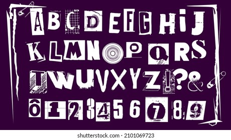 Punk typography vector alphabet and numbers. Type specimen set for grunge font flyers and posters or ransom note style designs.