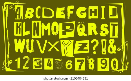 Punk Typography Vector Alphabet And Numbers. Type Specimen Set For Grunge Font Flyers And Posters Or Ransom Note Style Designs.