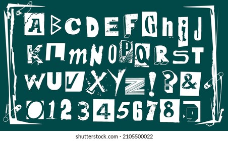 Punk Typography Vector Alphabet And Numbers. Type Specimen Set For Grunge Font Flyers And Posters Or Ransom Note Style Designs.