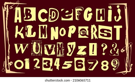 Punk Typography Vector Alphabet And Numbers. Type Specimen Set For Grunge Font Flyers And Posters Or Ransom Note Style Designs.