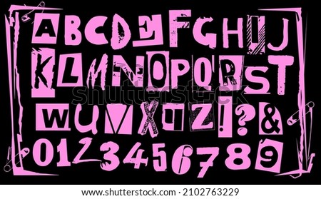 Punk typography vector alphabet and numbers. Type specimen set for grunge font flyers and posters or ransom note style designs.