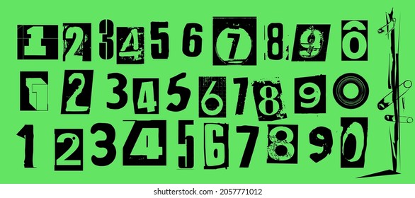 Punk typography vector numbers design collection. Dirty textured type specimen set of numeric characters from 1 to 0 for grunge font flyers and posters design or ransom note designs.