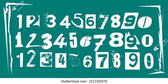 Punk typography vector numbers design collection. Dirty textured type specimen set of numeric characters from 1 to 0 for grunge font flyers and posters design or ransom note designs.