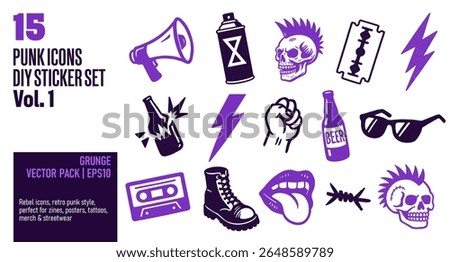 Punk vector icon pack with retro grunge style. Ideal for zines, stickers, posters, tattoos, and alternative fashion design.