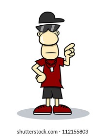 Punk wearing sunglasses and hat is pointing at something