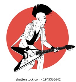 Punk woman with electric guitar in sketch style on red background.