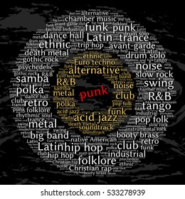 Punk. Word cloud, circles, grunge background. Musical styles.