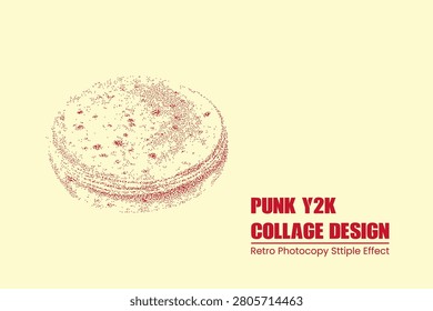 Punk y2k collage design with retro photocopy stipple effect, featuring a textured circular object illustration on a creamcolored background