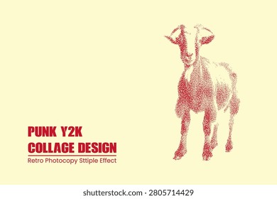 Punk y2k collage design with stipple effect goat illustration, retro photocopy style graphic element for edgy streetwear and poster art