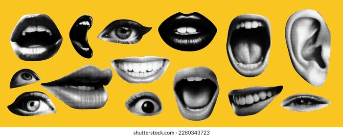 Punk y2k collage elements. Eyes and lips and ear in halftone treatment. Retro magazine clippings. Mouth on yellow background. - Shutterstock ID 2280343723