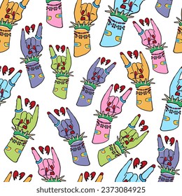 punk zombie hand vector.pattern with subcultural gesture. punk hand at a concert. pattern for fabric, background, print. Series of teenage patterns and icons