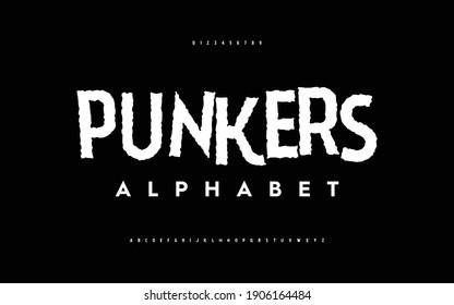 Punkers: Alphabet rough font set design. Vector illustration typography grunge style. Distressed Fonts design.