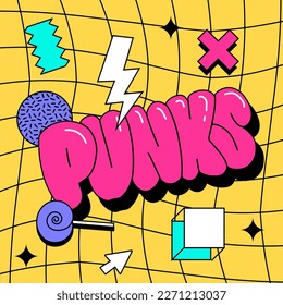 Punks - 90s style cool square banner or card. Vector illustration with 00s geometric symbols in checkered distorted background.