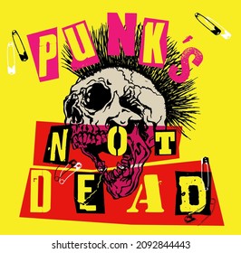 Punk's Not Dead. Screaming skull head with mohawk hair isolated on black background.