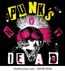 Punk's Not Dead. Screaming skull head with mohawk hair isolated on black background.