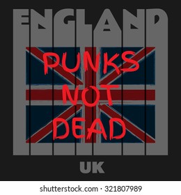 Punk's Not Dead, slogan text typography, punk, London, British flag, UK, poster, banner, flyer, postcard, t-shirt graphics, vector