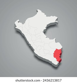 Departamento de Puno destacado en rojo en un mapa gris de Perú en 3d