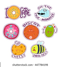 Puns, funny patches set, Happy colorful collection with cartoon donuts, manatee, cat, cheese, bee, olive. Hand drawn vector illustration, separated elements and layers, retro style.