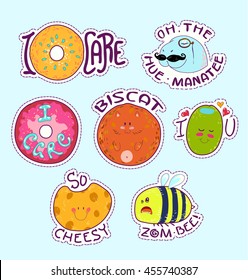 Puns, funny patches set, Happy colorful collection with cartoon donuts, manatee, cat, cheese, bee, olive. Hand drawn vector illustration, separated elements and layers, retro style.