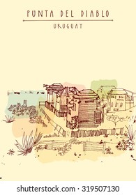 Punta del Diablo, famous fishing village, Uruguay. Travel postcard in retro style with an artistic drawing in vector Engraved style travel sketch