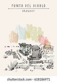 Punta del Diablo fisherman village seafront, Uruguay, South America. Travel postcard in retro style with an artistic drawing. Engraved style travel sketch. Vector illustration