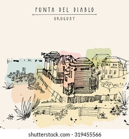 Punta del Diablo, Uruguay. Travel postcard in retro style with an artistic drawing in vector Engraved style travel sketch