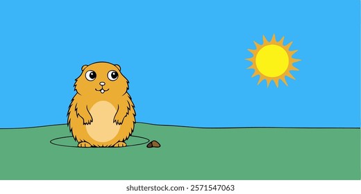  Punxsutawney Phil looking at the sun with his hole behind him on Ground Hog Day. illustration vector