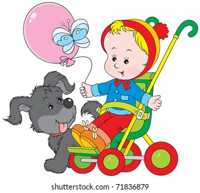 Pup and a small child sitting in a pram