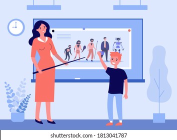 Pupil answering lesson to teacher near board. Boy, evolution, school flat vector illustration. Study and education concept for banner, website design or landing web page